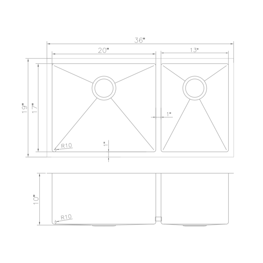 SR60D-36 - 36" Chamonix Undermount Double Bowl Stainless Steel Kitchen Sink with Bottom Grid
