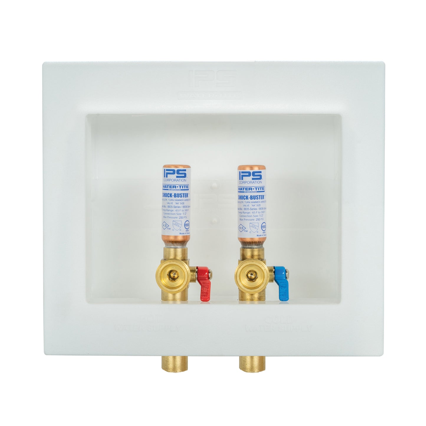 85703 - DU-All Dual Drain Washing Machine Outlet Box - Brass Quarter Turn Valves with Arrestors - 1/2" Sweat
