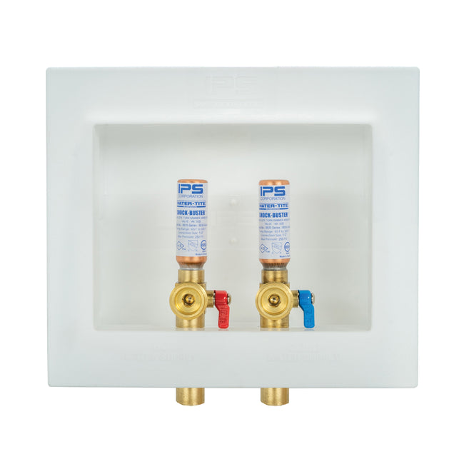 85703 - DU-All Dual Drain Washing Machine Outlet Box - Brass Quarter Turn Valves with Arrestors - 1/2" Sweat
