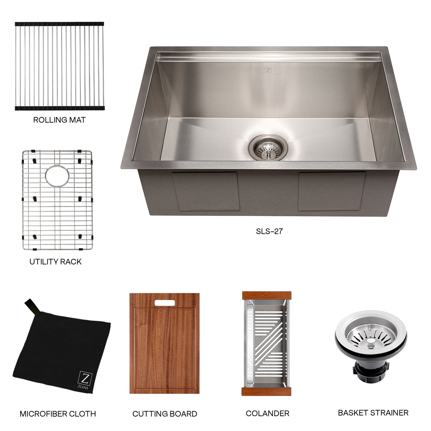 SLS-27 - 27" Garmisch Undermount Single Bowl Stainless Steel Kitchen Sink with Bottom Grid and Accessories