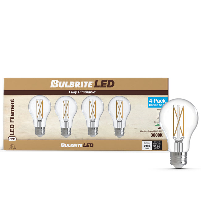 776227 - Filaments Dimmable Clear Glass A19 LED Light Bulb - 7.6 Watt - 3000K - 4 Pack
