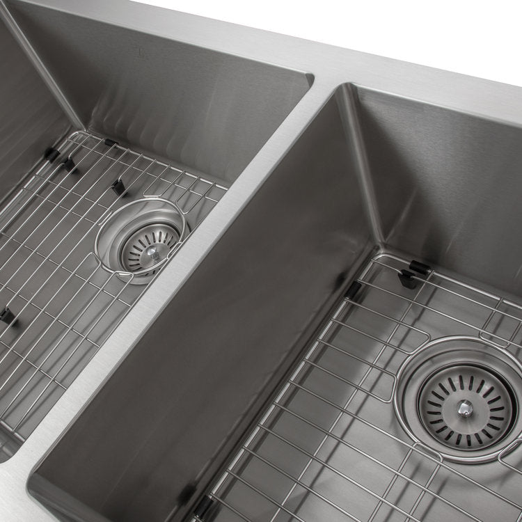 SA60D-36 - 36" Courchevel Farmhouse Apron Mount Double Bowl Stainless Steel Kitchen Sink with Bottom Grid