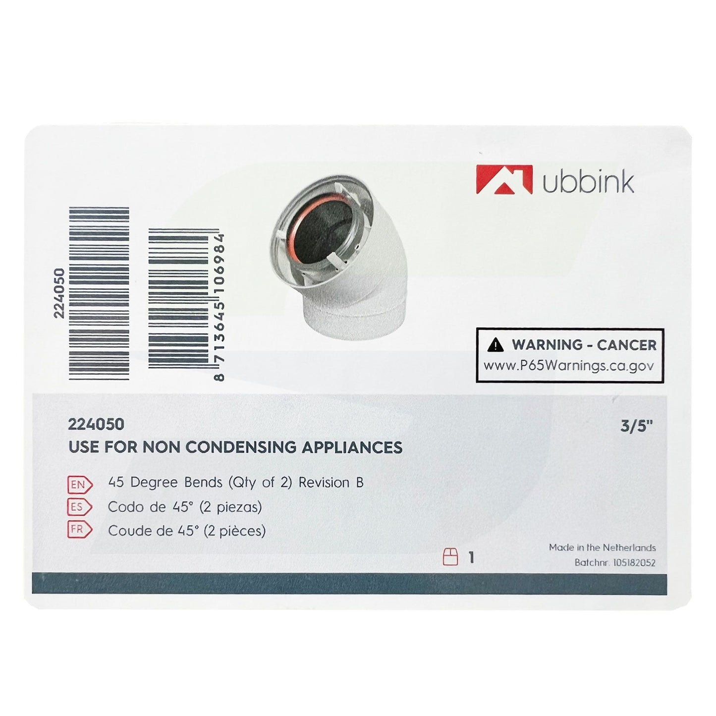 224050 - 45 Degree Elbow - Non-Condensing Tankless Water Heater Venting  - 3" / 5"