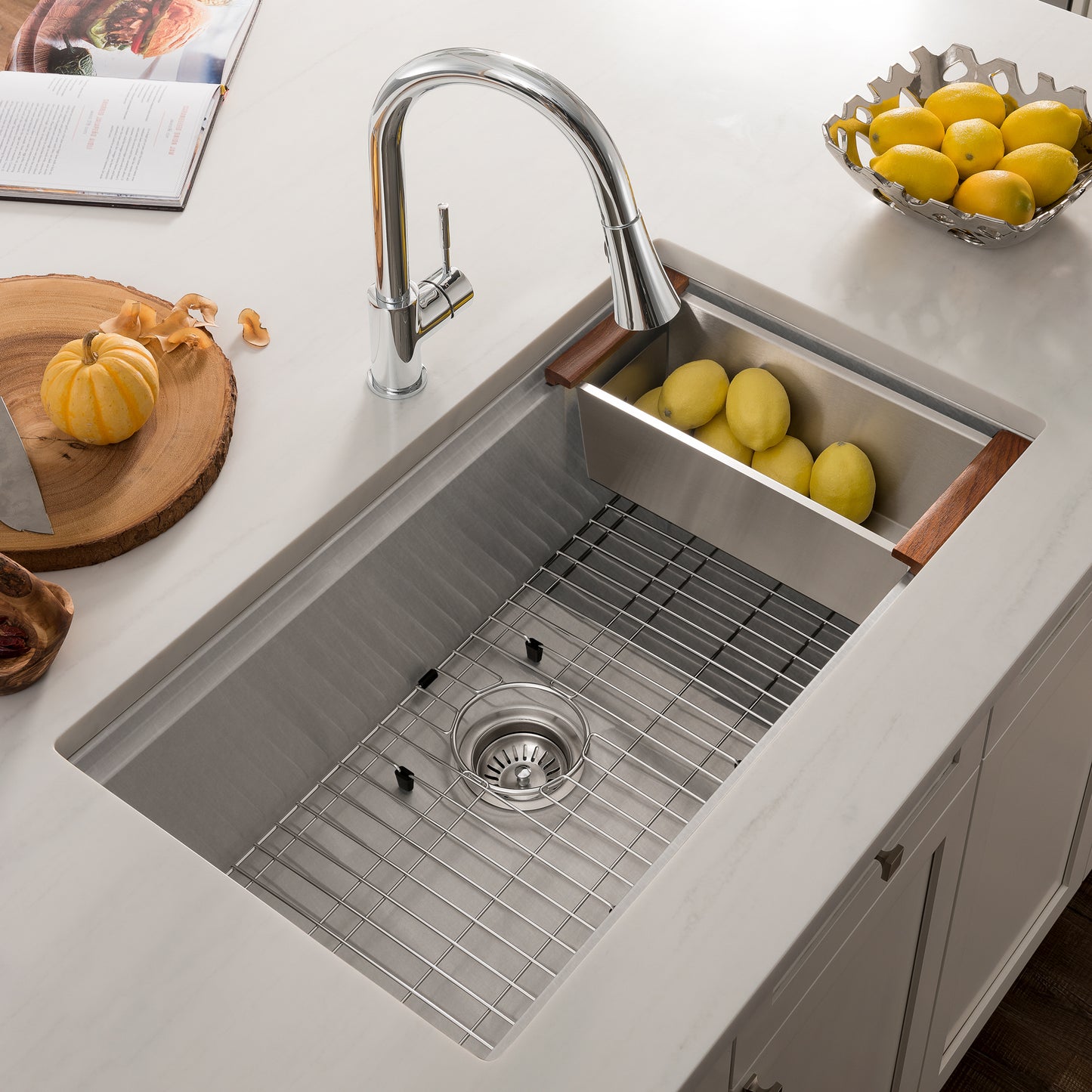 SLS-33S - 33" Garmisch Undermount Single Bowl Satin Stainless Steel Kitchen Sink with Bottom Grid and Accessories