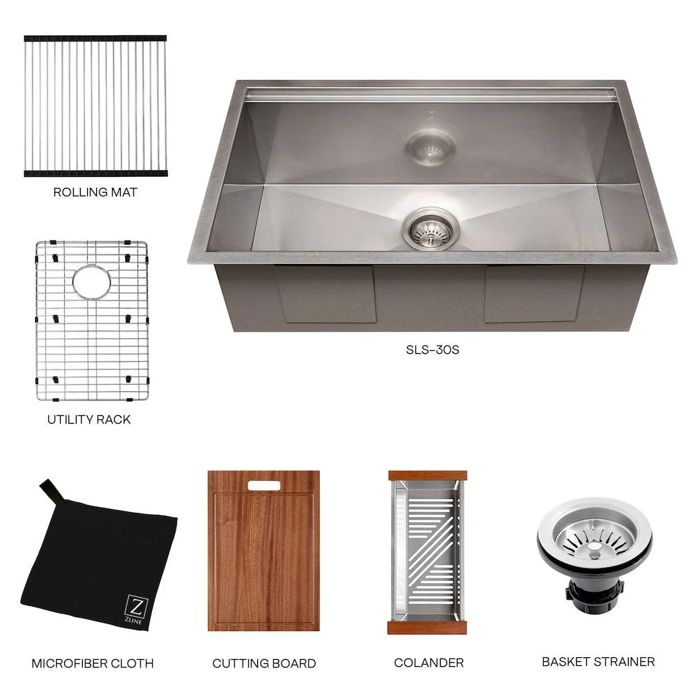 SLS-33 - 33" Garmisch Undermount Single Bowl Stainless Steel Kitchen Sink with Bottom Grid and Accessories
