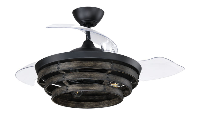 WHS42FBGW3 - Whiskey 42 Hidden Blades 42" 3 Blade Ceiling Fan with Light Kit - Flat Black