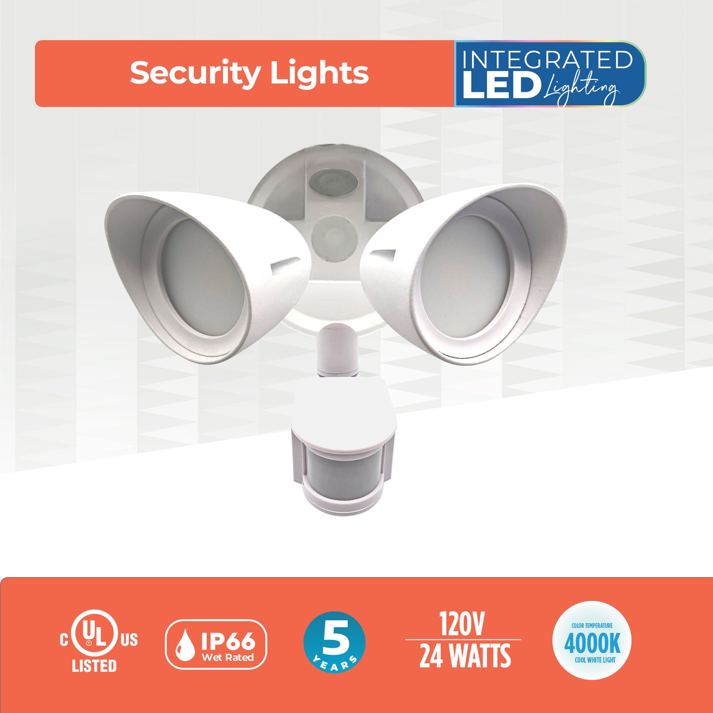 773702 - Motion Sensor / Dusk-To-Dawn Wired Outdoor 2-Head LED Security Flood Light, White Finish