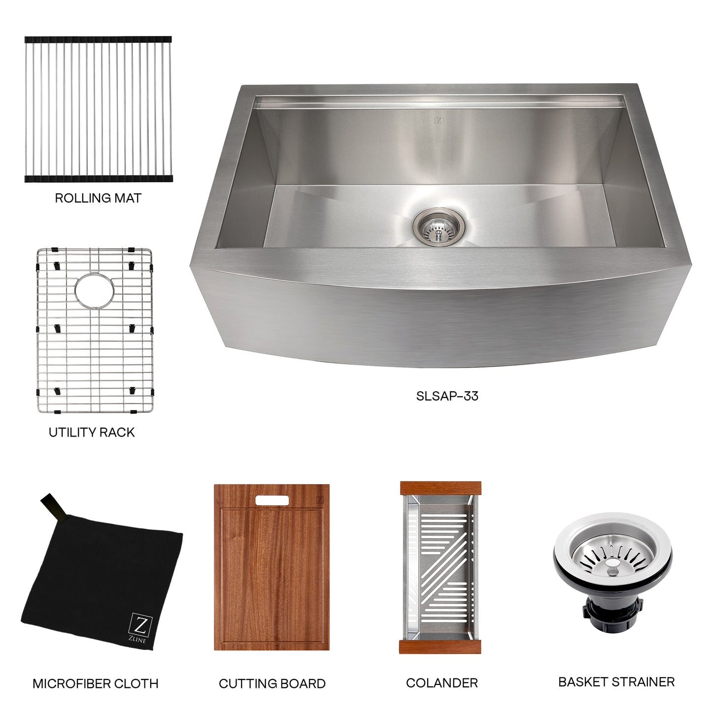 SLSAP-33 - 33" Moritz Farmhouse Apron Mount Single Bowl Stainless Steel Kitchen Sink with Bottom Grid and Accessories