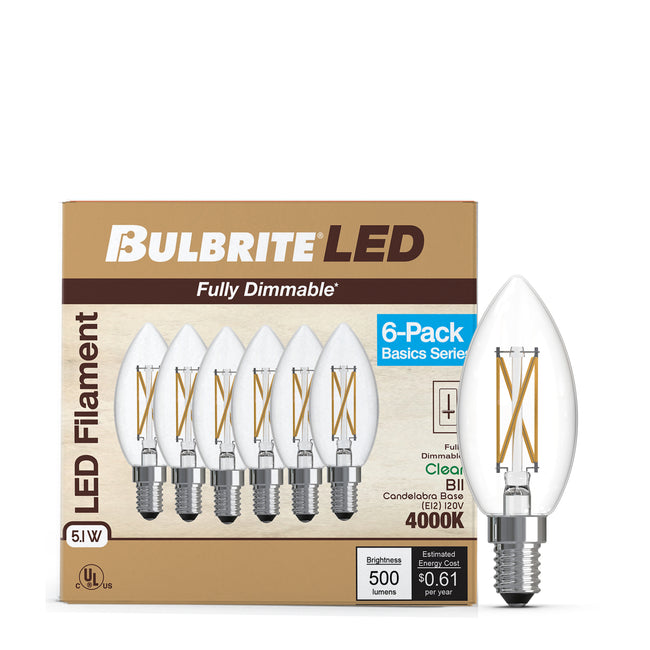 776234 - Filaments Dimmable Clear Glass B11 LED Light Bulb - 5.1 Watt - 4000K - 6 Pack