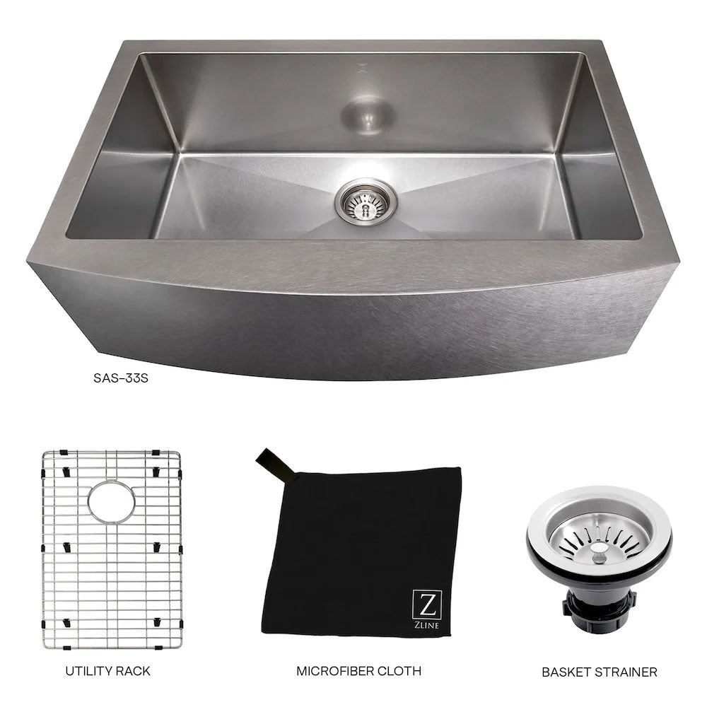 SAS-33 - 33" Vail Farmhouse Apron Mount Single Bowl Stainless Steel Kitchen Sink with Bottom Grid