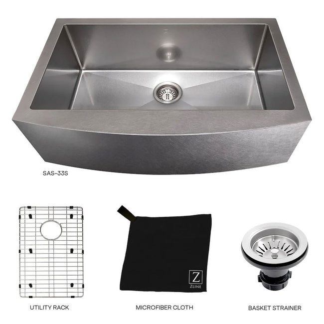 SAS-33 - 33" Vail Farmhouse Apron Mount Single Bowl Stainless Steel Kitchen Sink with Bottom Grid