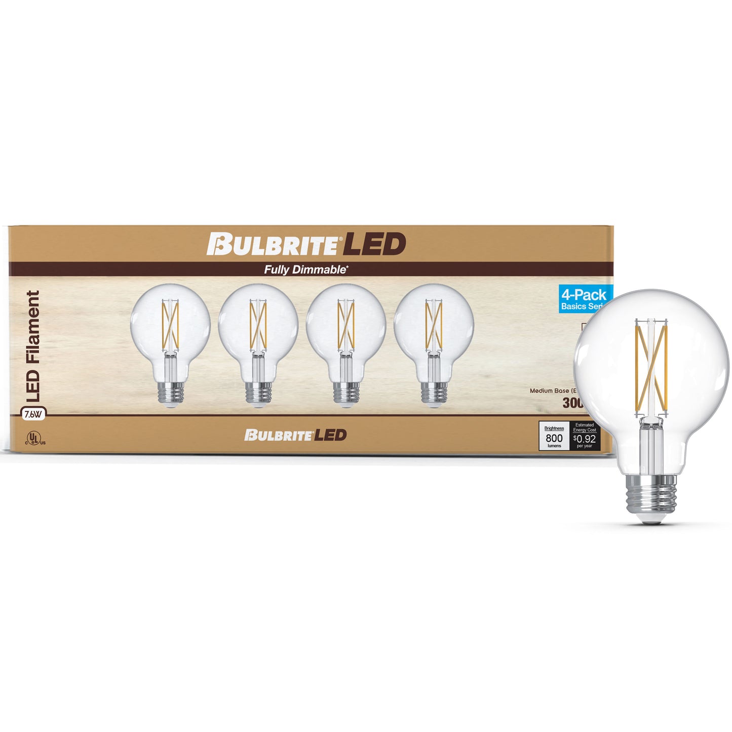 776240 - Filaments Dimmable Clear Glass G25 LED Light Bulb - 7.6 Watt - 3000K - 4 Pack