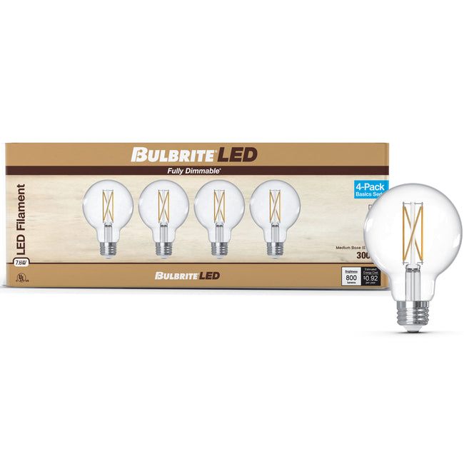 776240 - Filaments Dimmable Clear Glass G25 LED Light Bulb - 7.6 Watt - 3000K - 4 Pack