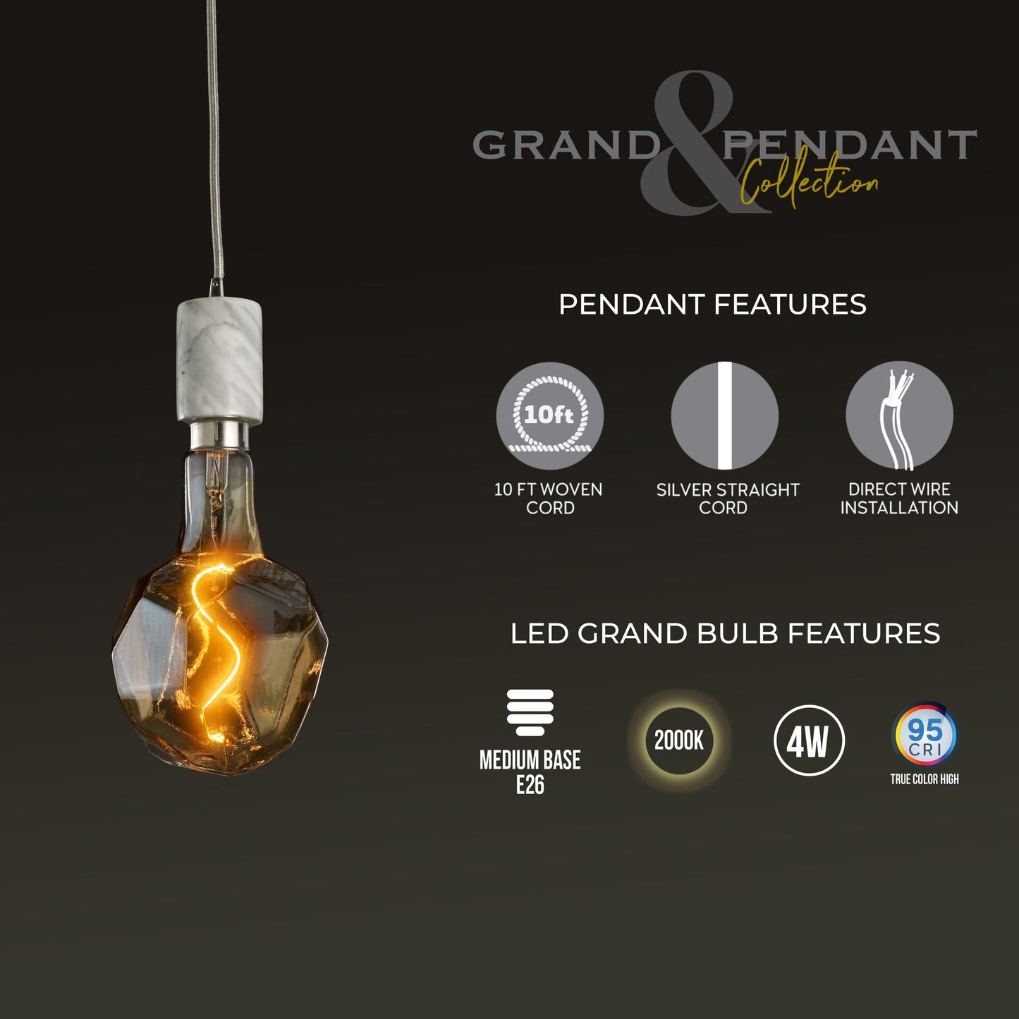 776318 - 4 Watt LED JEWEL NATURAL SHAPED GRAND 2200K FILAMENT W/ WHITE MARBLE PENDANT WITH WHITE STRING
