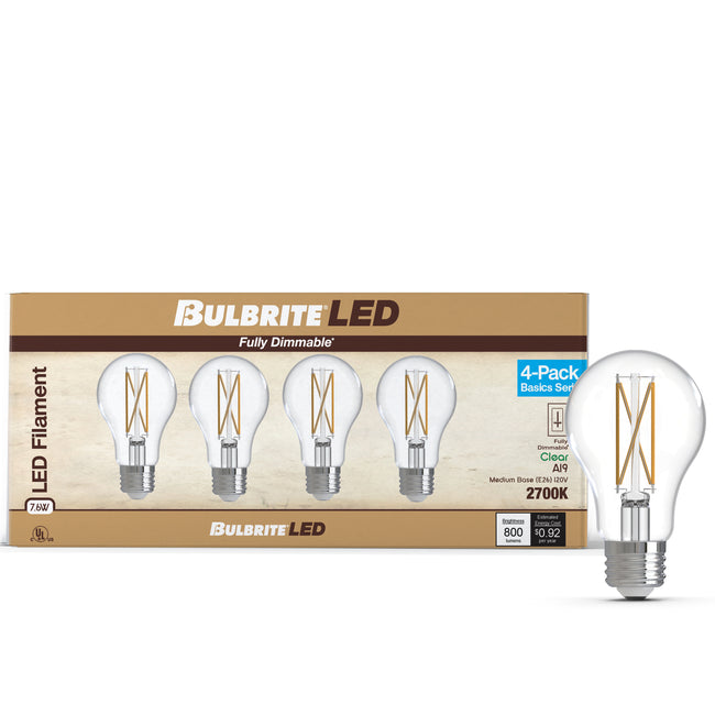 776226 - Filaments Dimmable Clear Glass A19 LED Light Bulb - 7.6 Watt - 2700K - 4 Pack