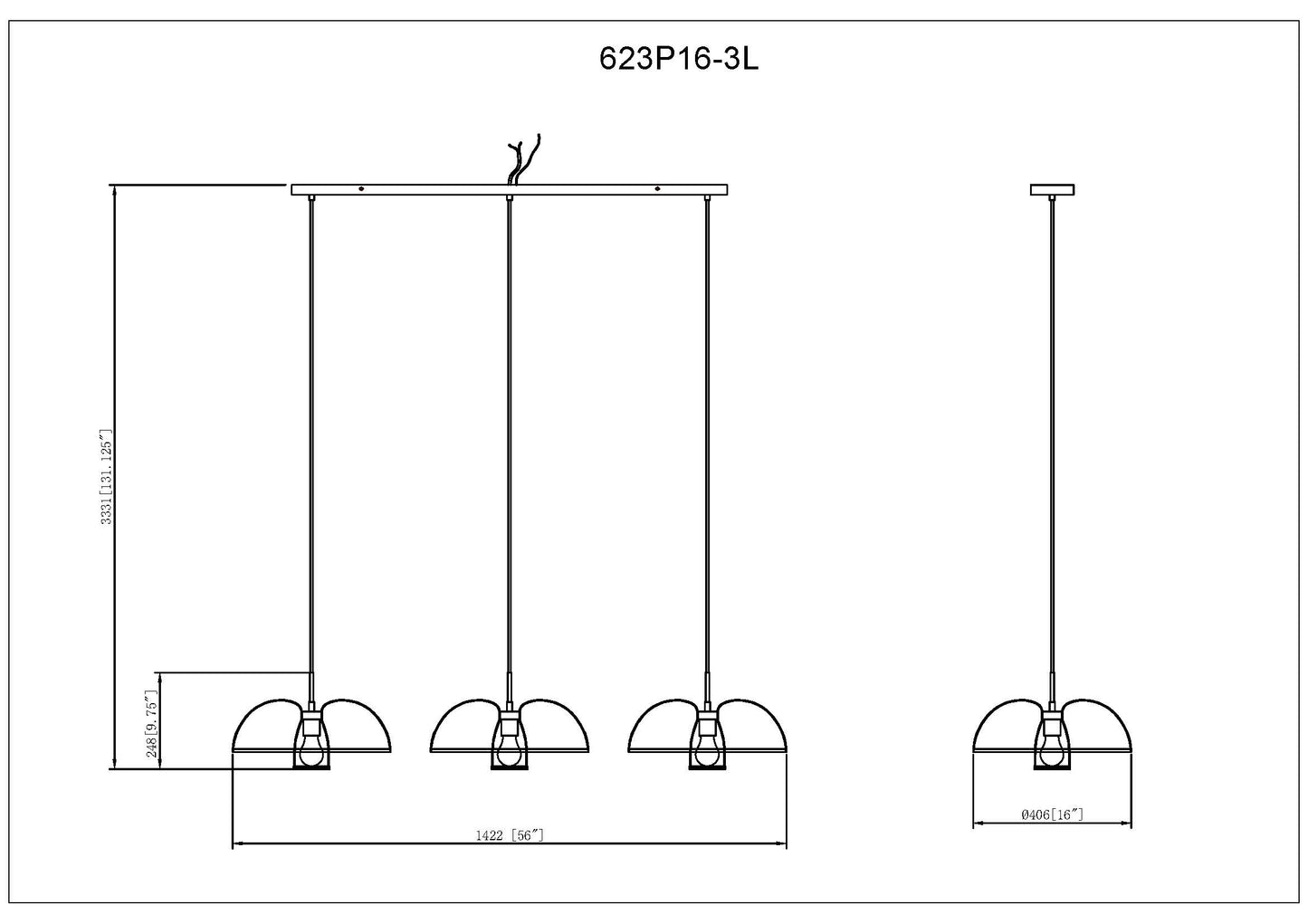 623P16-3L-MB - Valencia 3 Light Linear 56" Chandelier - Matte Black