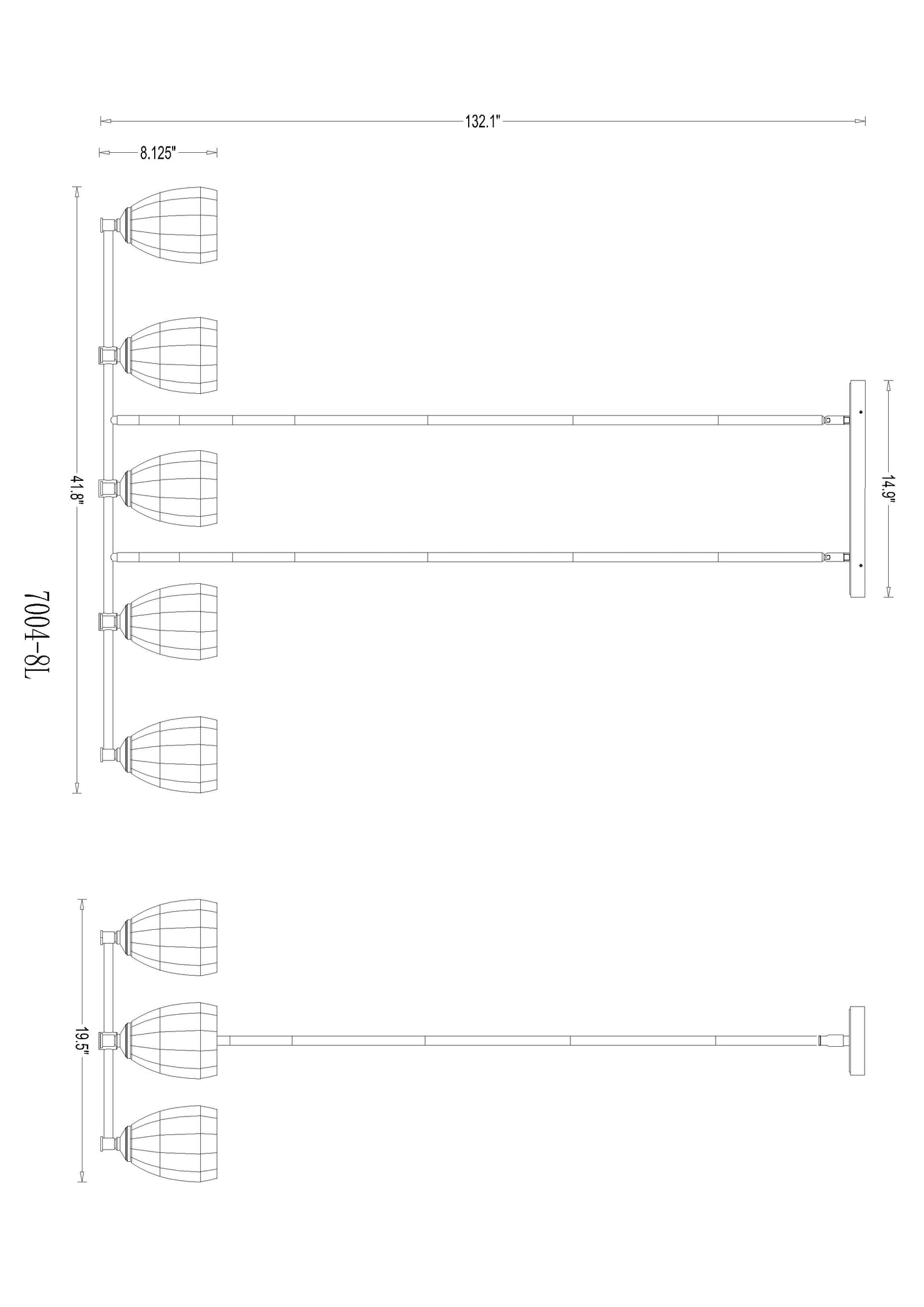 7004-8L-MGLD - Oren 8 Light Linear 42" Chandelier - Modern Gold
