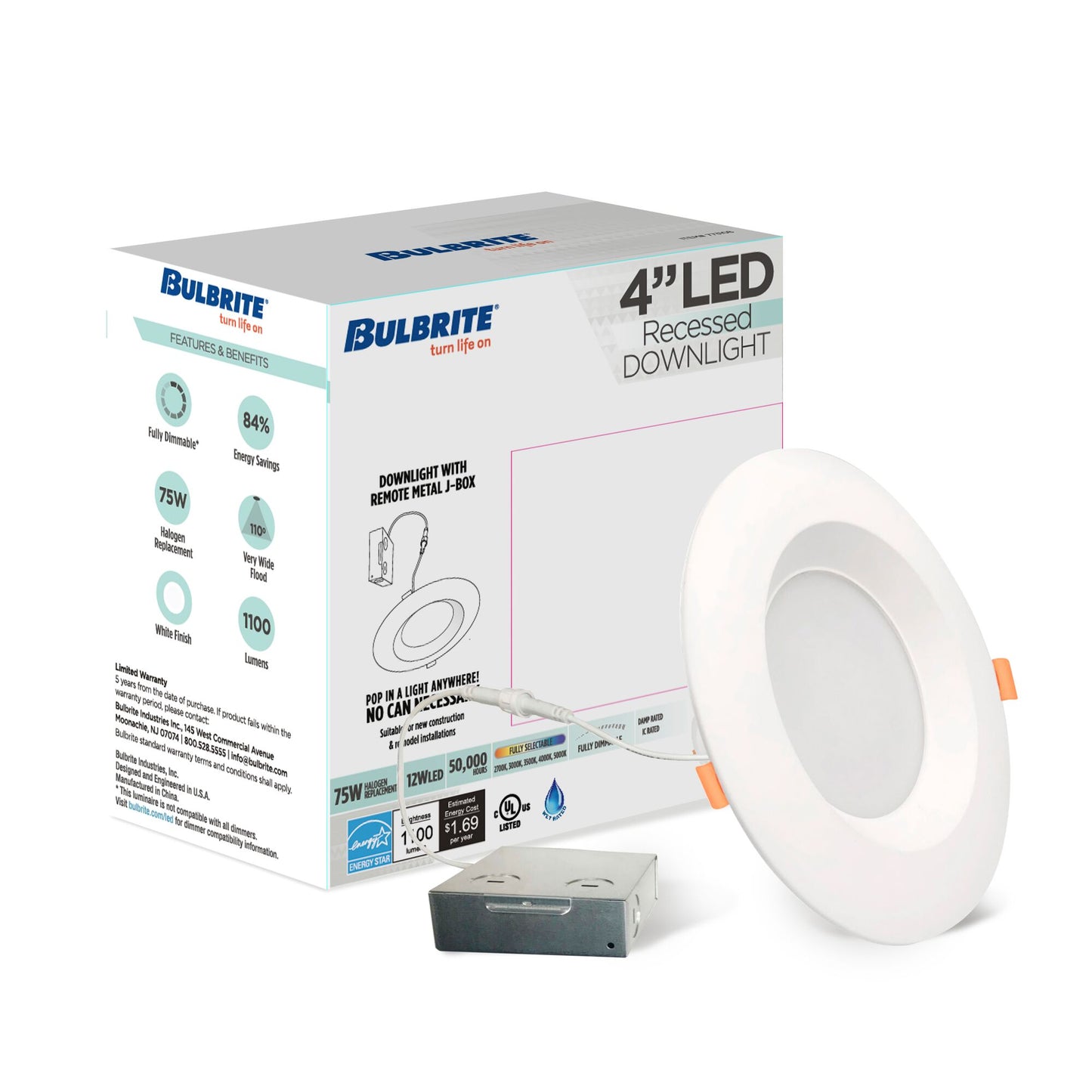 773301 - LED 4" Round Recessed Downlight Fixture with Metal Jbox, 75 Watt Equivalent, 5 CCT - 27/30/35/40/50K
