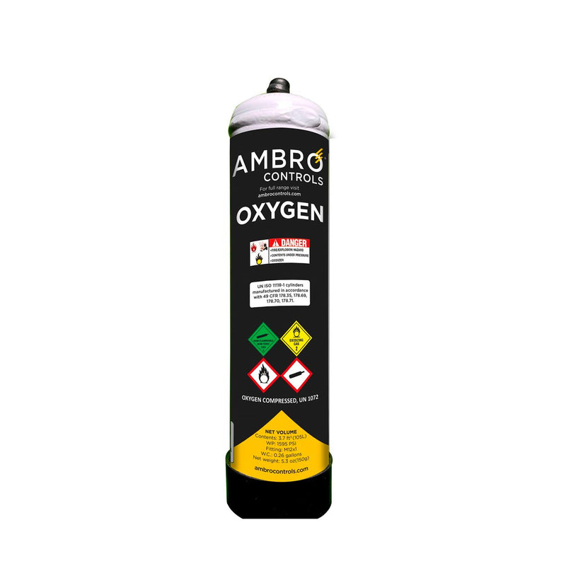 ambro oxygen cylinder with a clear view of the label