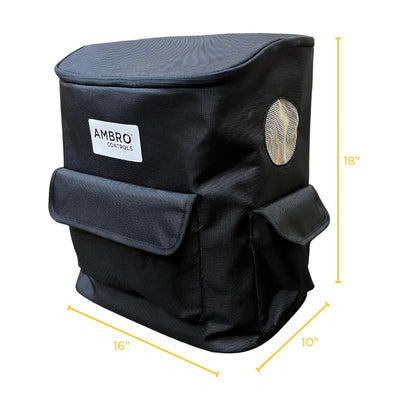 ambro oxyset backpack view from side with dimensions rendered. 16" x 10" x 18