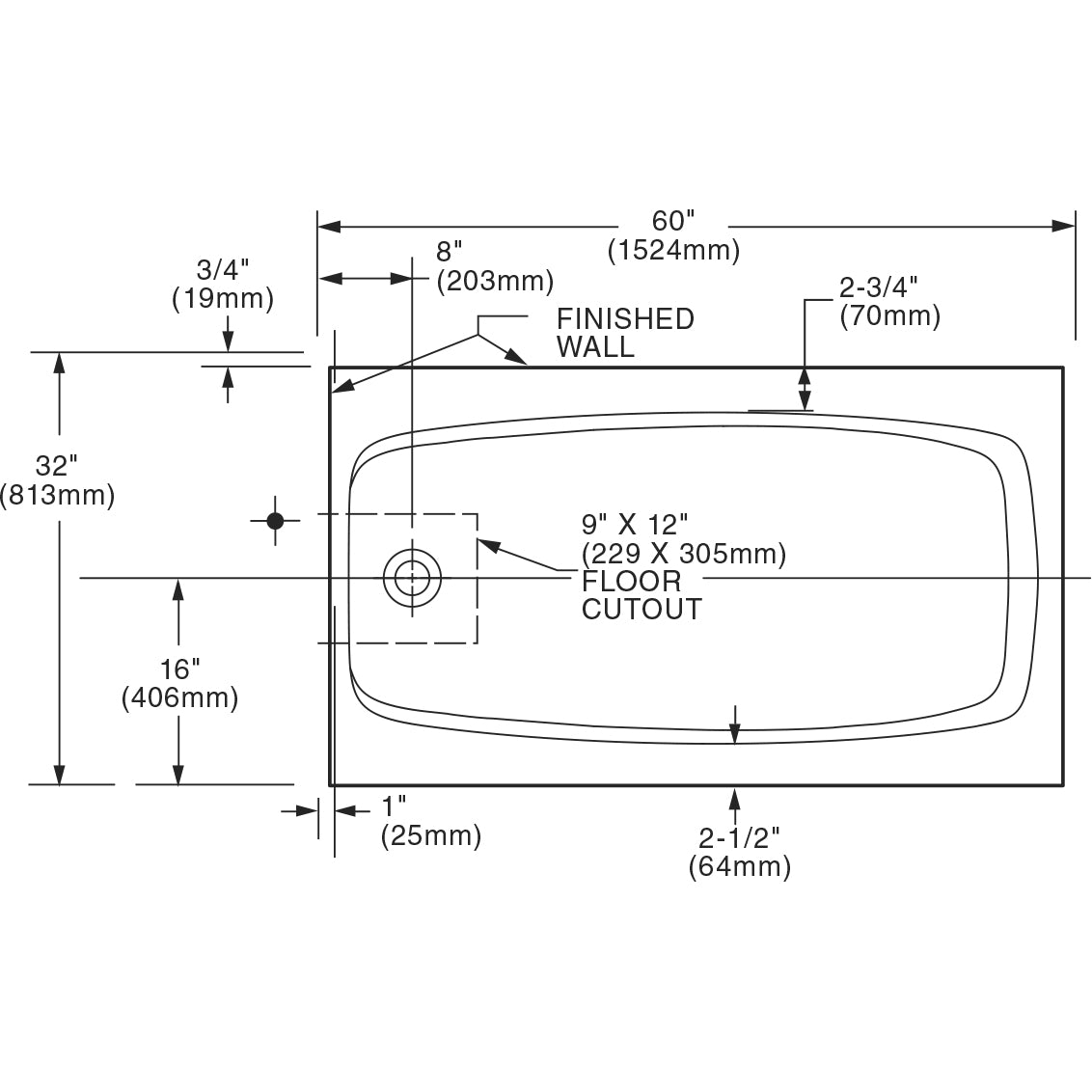 Cambridge Americast 60" x 32" Integral Apron Bathtub With Right-Hand Outlet