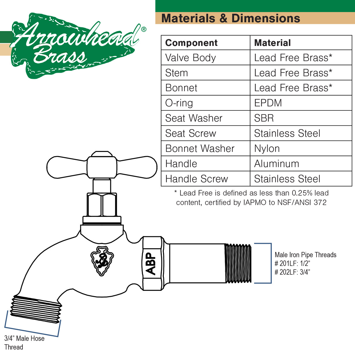 201LF - Lead Free Standard Hose Bib - 1/2" MIP x 3/4" Hose Thread