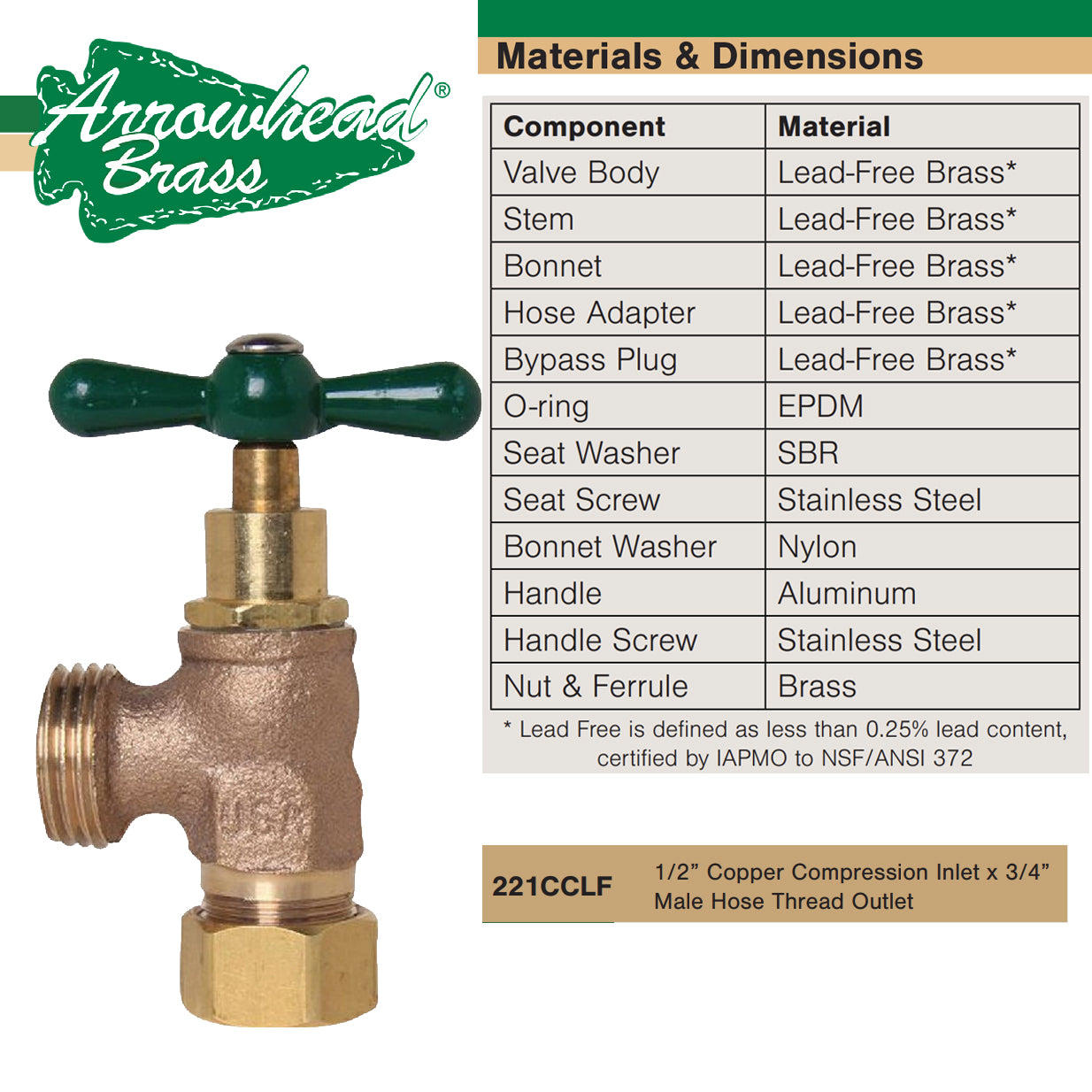 221CCLF - Lead Free Washing Machine Valve - 1/2" Copper Compression x 3/4" Hose Thread