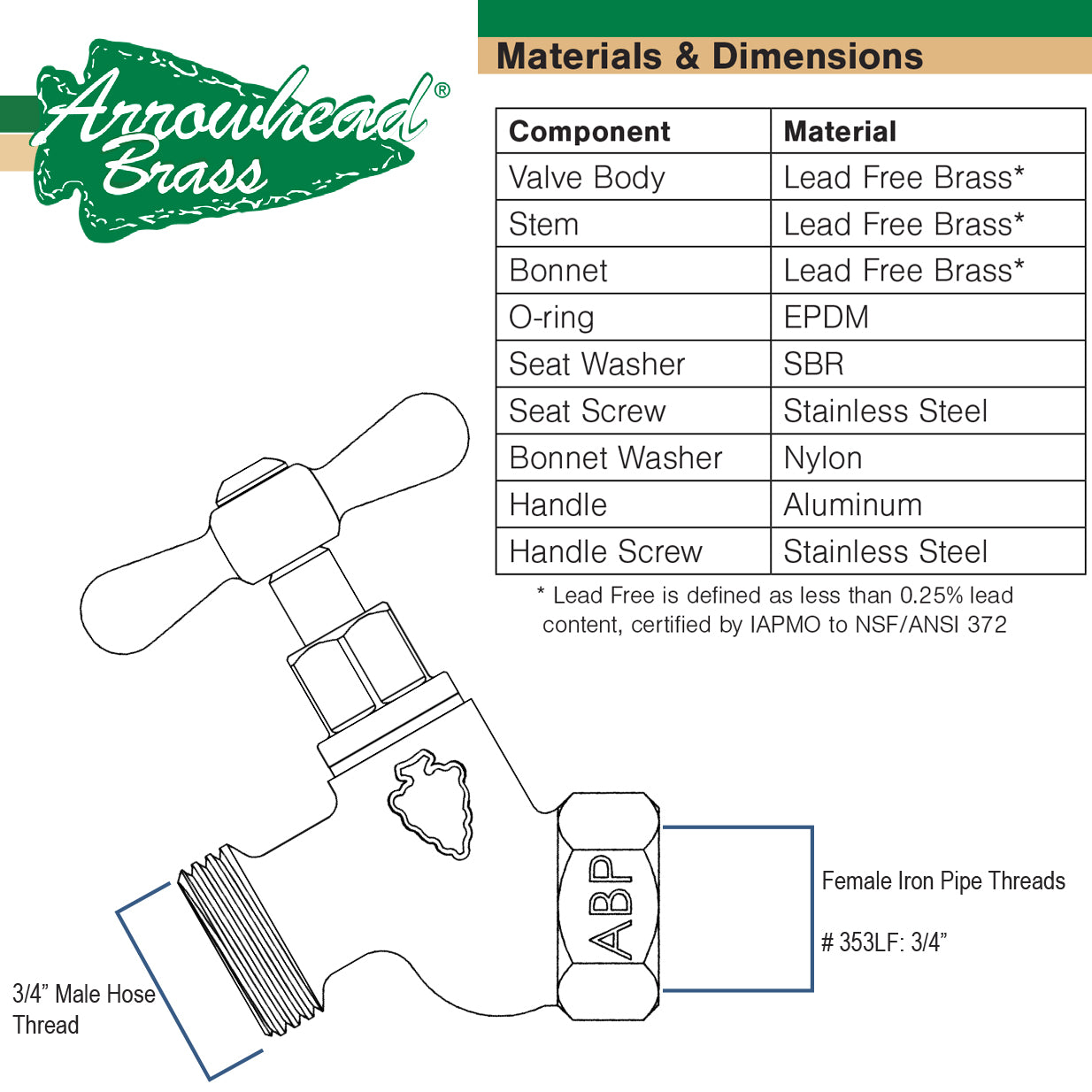 353LF - No-Kink Hose Bibb - 3/4" FIP x 3/4" Hose Thread