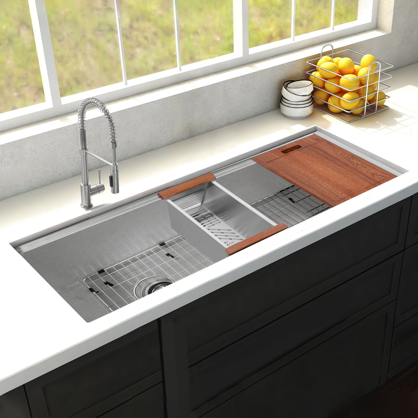 SLS-43S - 43" Garmisch Undermount Single Bowl Satin Stainless Steel Kitchen Sink with Bottom Grid and Accessories