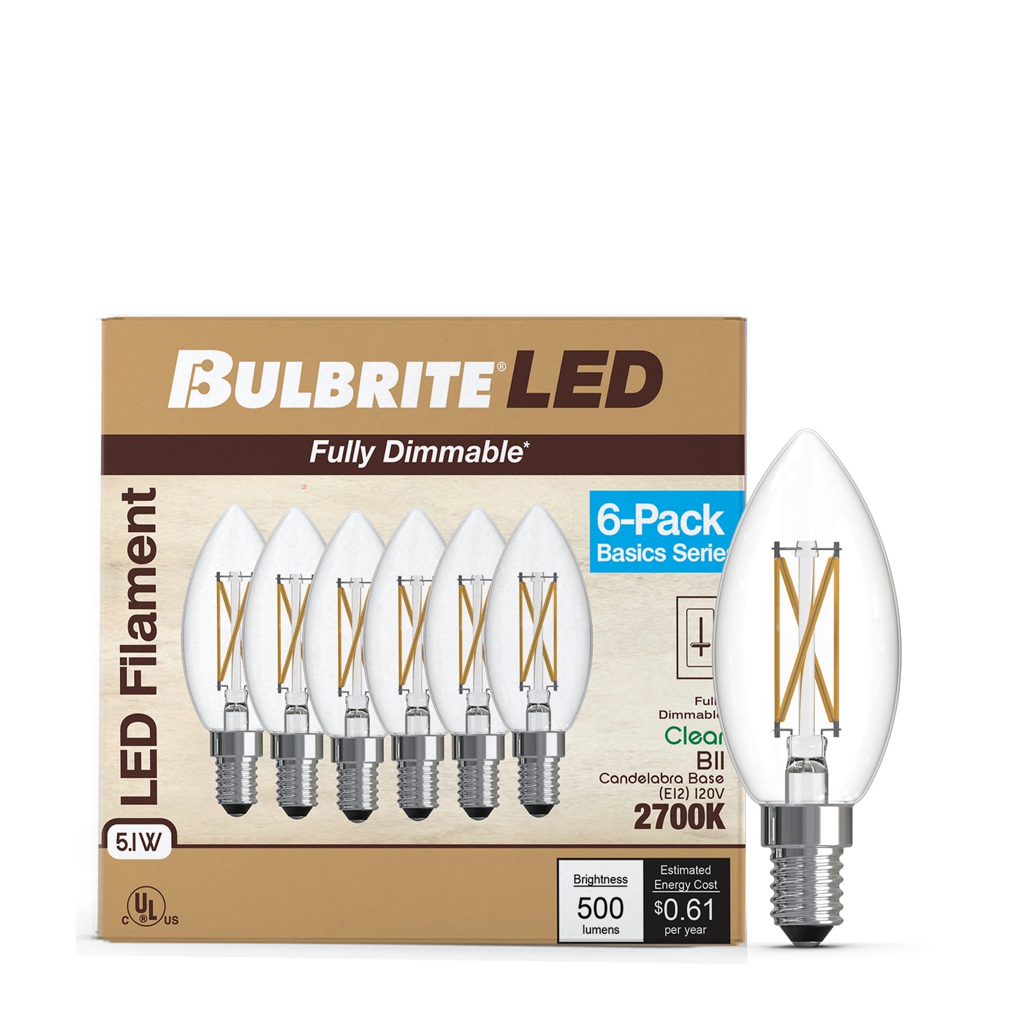 776232 - Filaments Dimmable Clear Glass B11 LED Light Bulb - 5.1 Watt - 2700K - 6 Pack