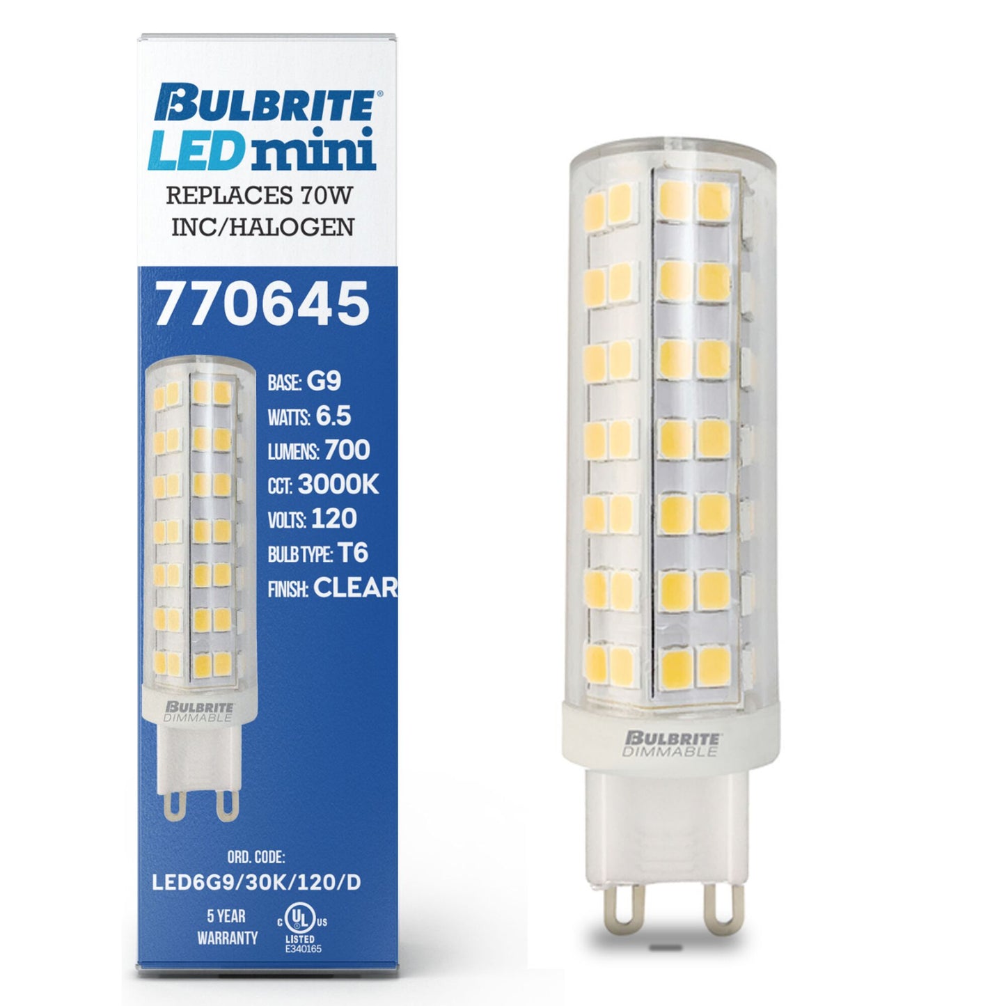 770645 - Dimmable T6 LED G9 Base Light Bulb - 6.5 Watt - 3000K - 2 Pack