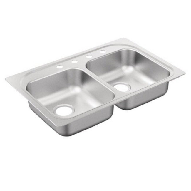G222164 - 2200 Series - 33" Drop In Double Basin Stainless Steel Kitchen Sink - 4 Faucet Holes - Center Drains