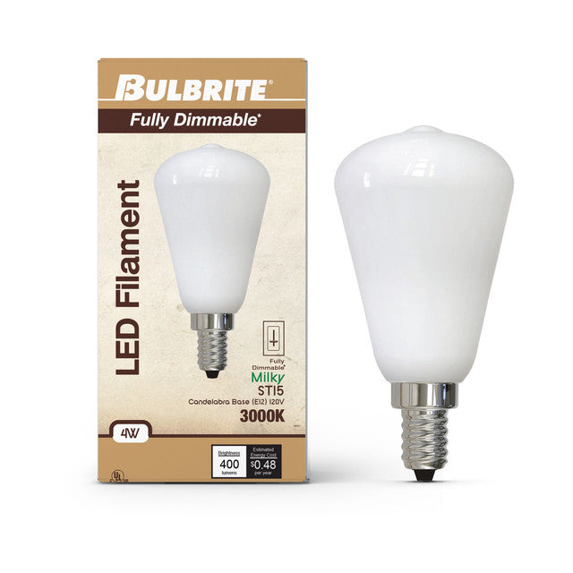 776824 - Filaments Dimmable ST15 Milky Glass Candelabra Base - 4 Watt - 3000K - 4 Pack