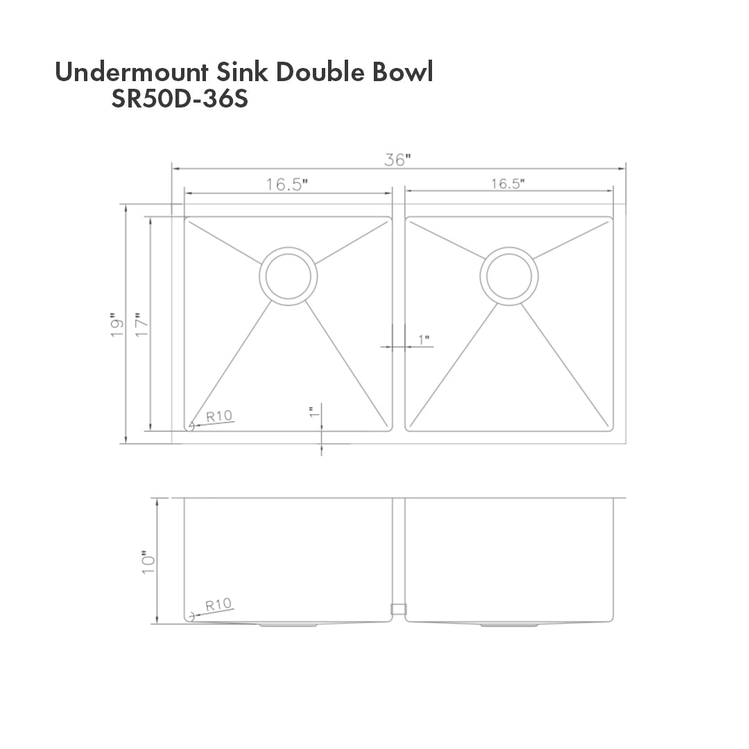SR50D-36S - 36" Anton Undermount Double Bowl Satin Stainless Steel Kitchen Sink with Bottom Grid