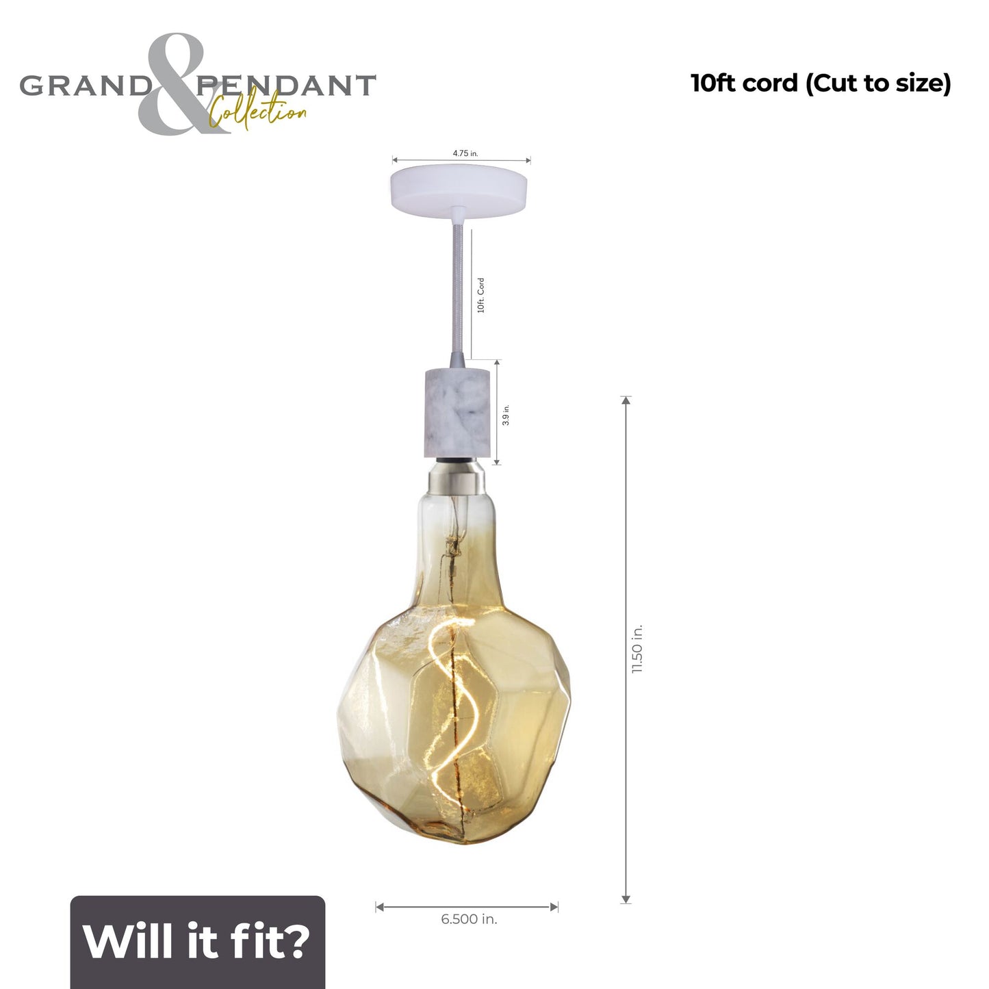 776318 - 4 Watt LED JEWEL NATURAL SHAPED GRAND 2200K FILAMENT W/ WHITE MARBLE PENDANT WITH WHITE STRING