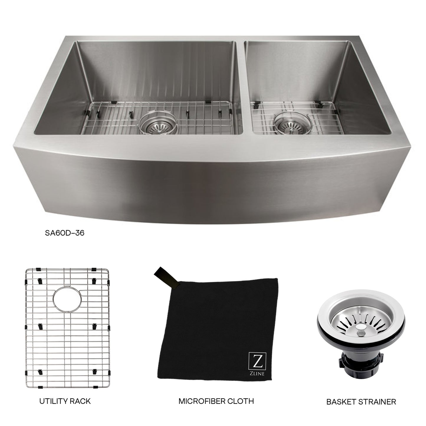 SA60D-36 - 36" Courchevel Farmhouse Apron Mount Double Bowl Stainless Steel Kitchen Sink with Bottom Grid