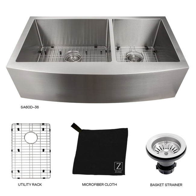 SA60D-36 - 36" Courchevel Farmhouse Apron Mount Double Bowl Stainless Steel Kitchen Sink with Bottom Grid