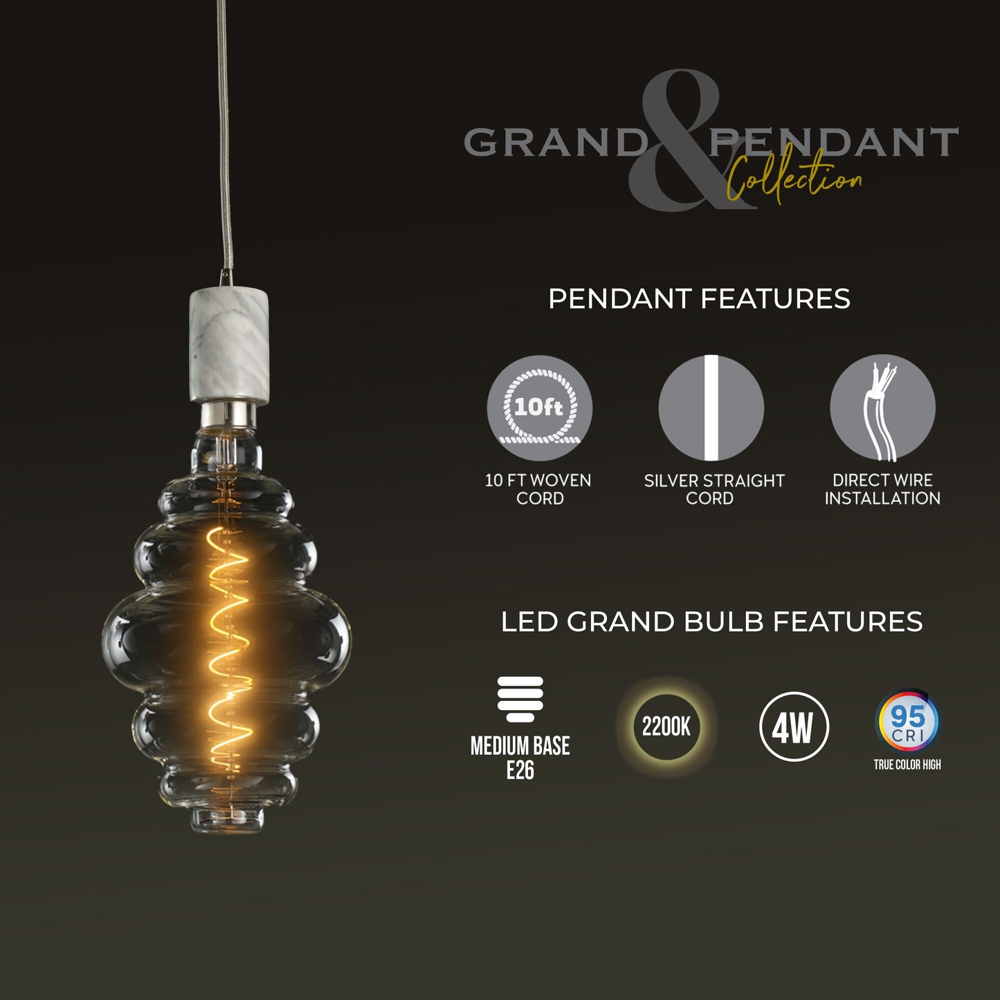 776304 - 4 Watt LED BEEHIVE SHAPED GRAND 2200K FILAMENT W/ WHITE MARBLE PENDANT WITH WHITE STRING