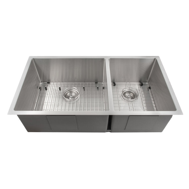 SR60D-36 - 36" Chamonix Undermount Double Bowl Stainless Steel Kitchen Sink with Bottom Grid