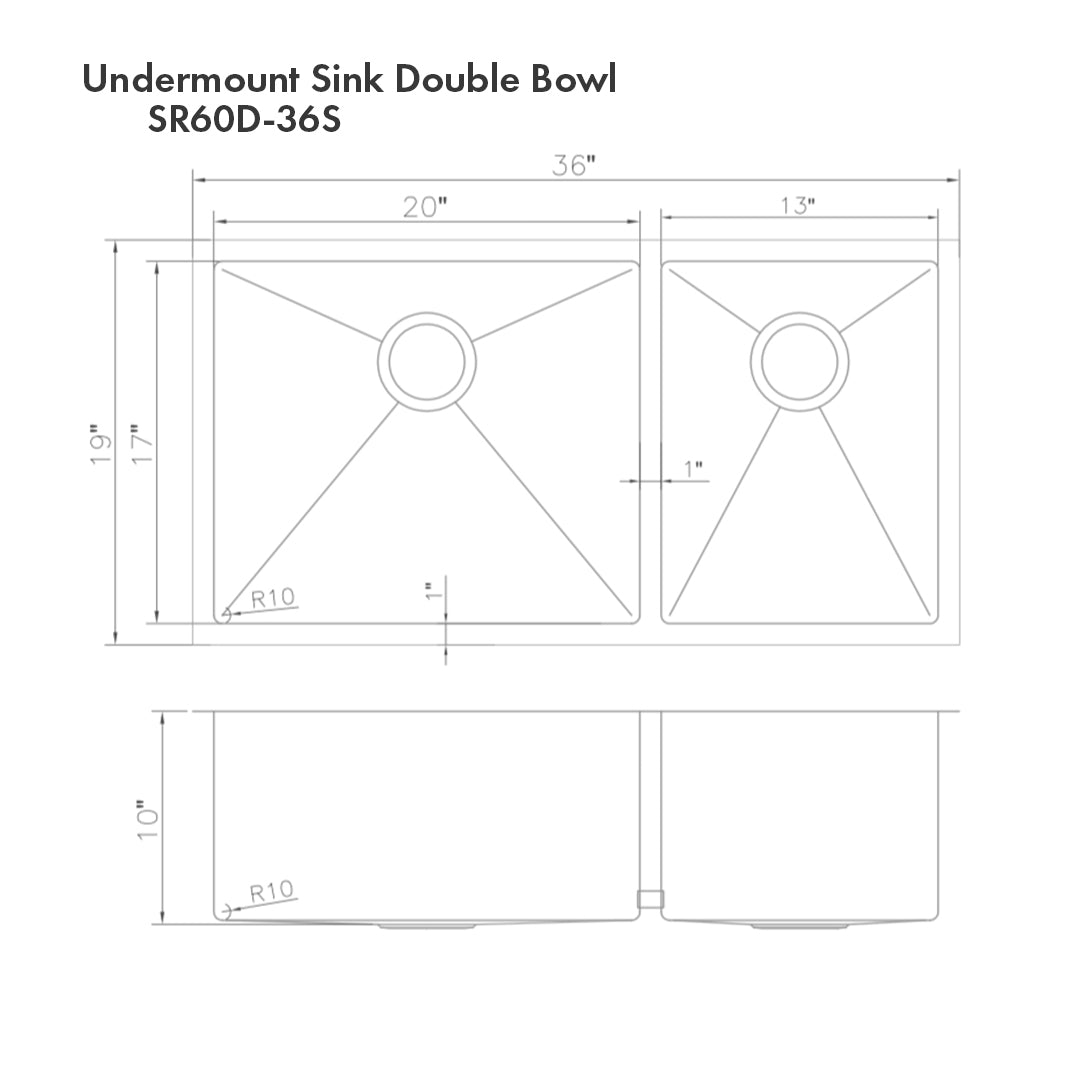SR60D-36S - 36" Chamonix Undermount Double Bowl Satin Stainless Steel Kitchen Sink with Bottom Grid