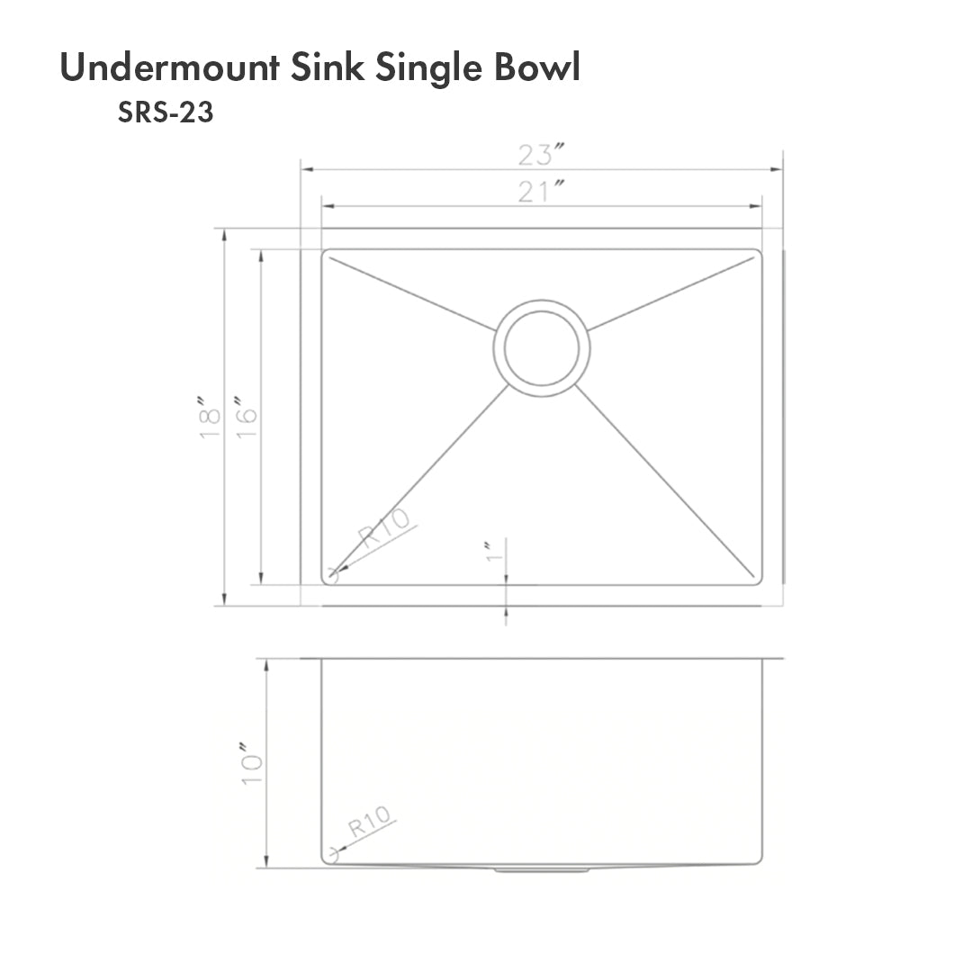 SRS-23 - 23" Meribel Undermount Single Bowl Stainless Steel Kitchen Sink with Bottom Grid