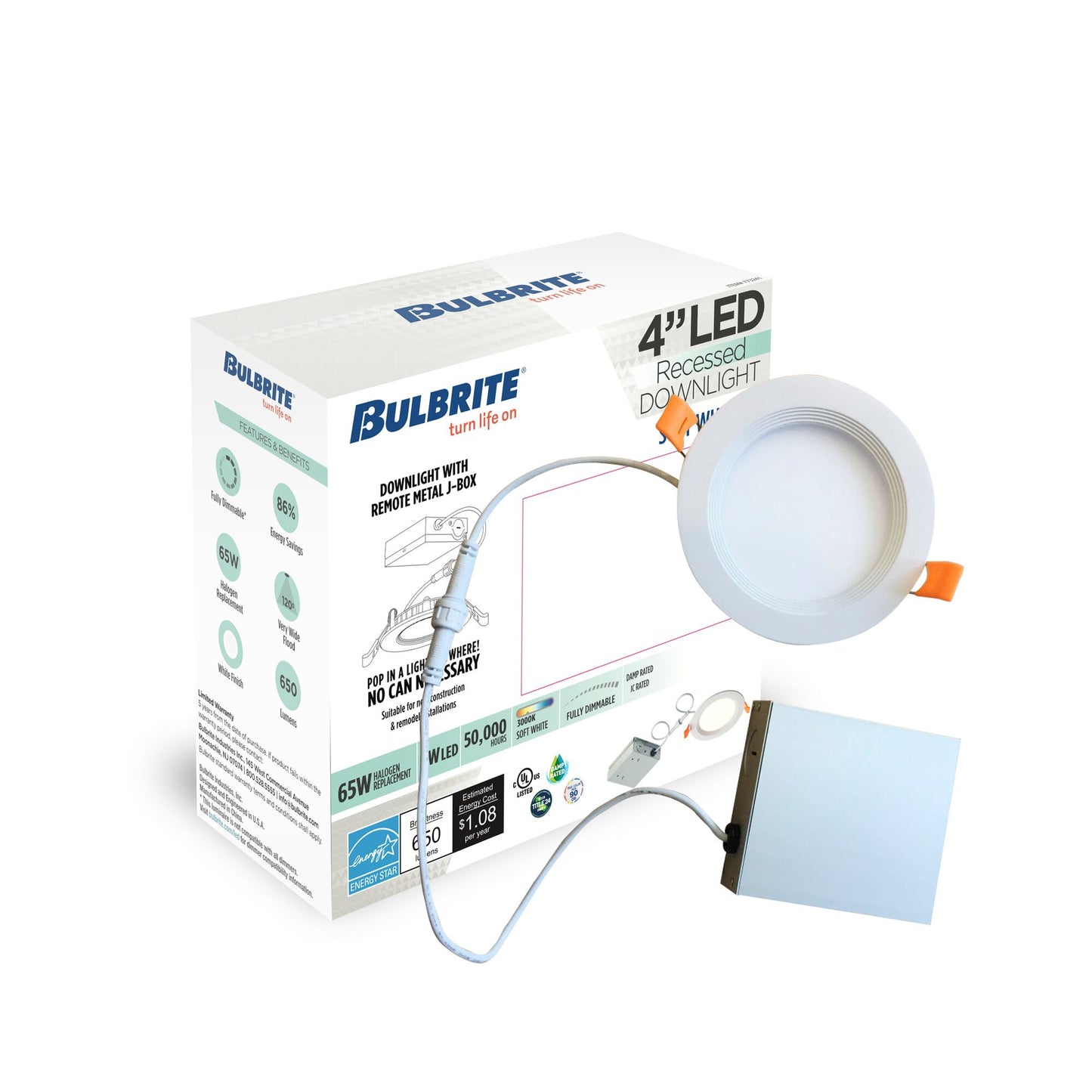 773242 - 9 Watt LED 4" RECESSED DOWNLIGHT W/ METAL JBOX & BAFFLE WHITE ROUND DIMMABLE 90CRI 4000K 120V-2PK - 2 Pack