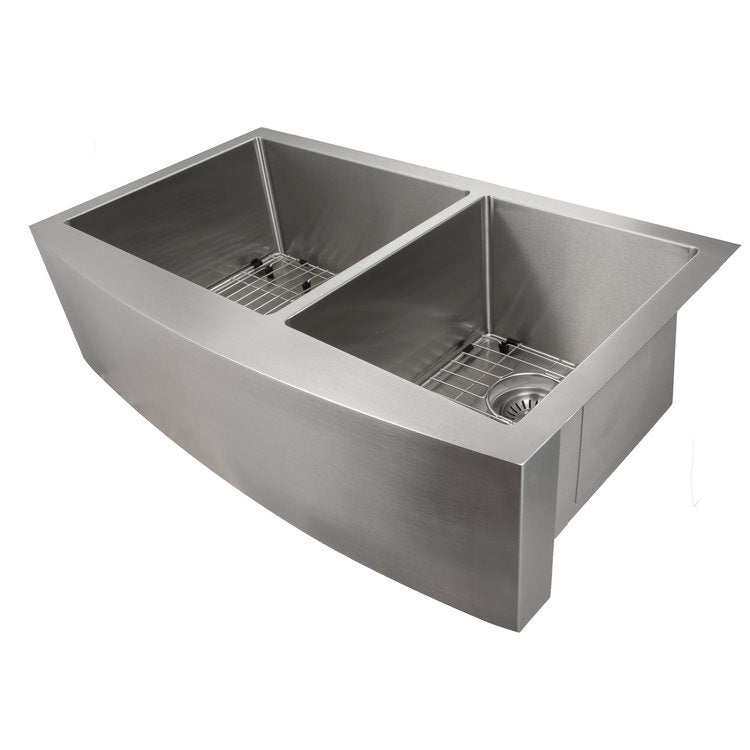 SA60D-36 - 36" Courchevel Farmhouse Apron Mount Double Bowl Stainless Steel Kitchen Sink with Bottom Grid