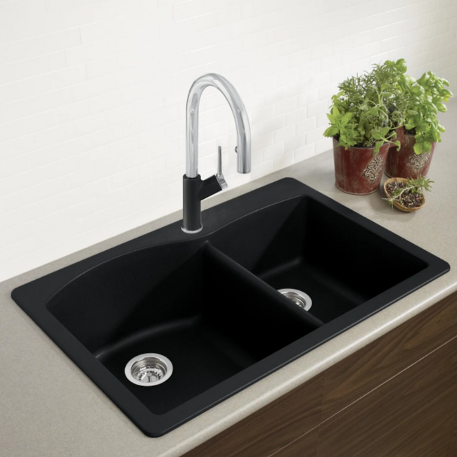 442908 -Diamond SILGRANIT 33" 60/40 Double Bowl Dual Mount Kitchen Sink - Coal Black