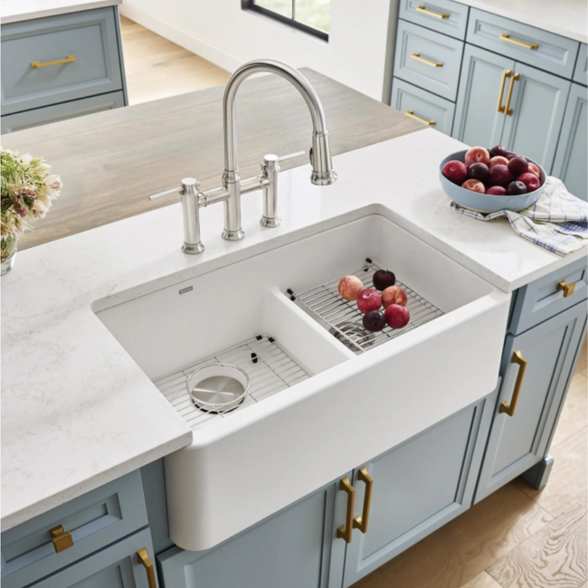 443115 - Ikon SILGRANIT 33" Double Bowl Apron-Front Farmhouse Sink with Low Divide - Volcano Gray