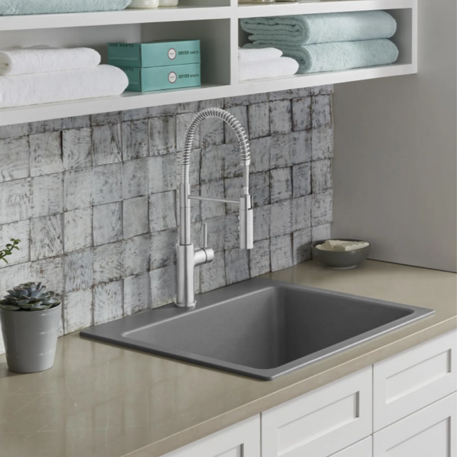 443116 - Liven SILGRANIT 25" Single Bowl Dual Mount Laundry Sink - Volcano Gray