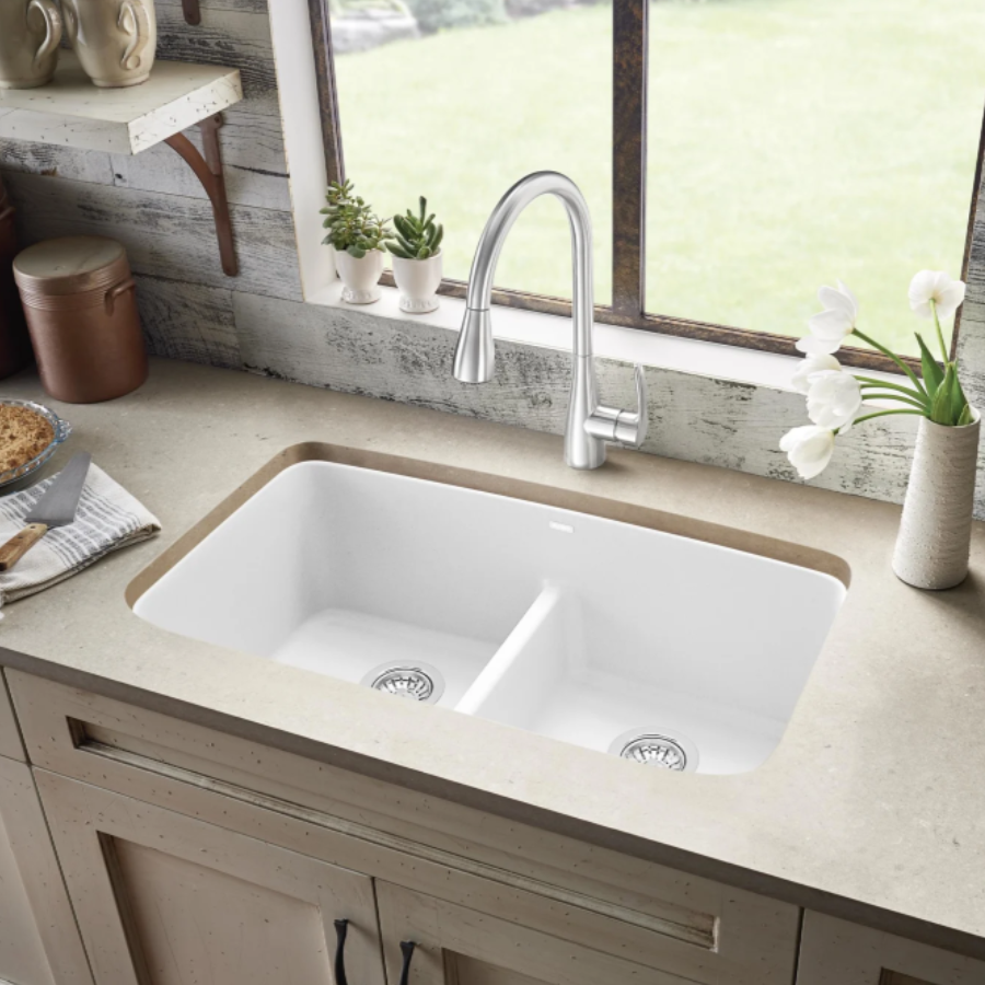 443089 - Valea SILGRANIT 32" 50/50 Double Bowl Undermount Kitchen Sink with Low Divide - Soft White