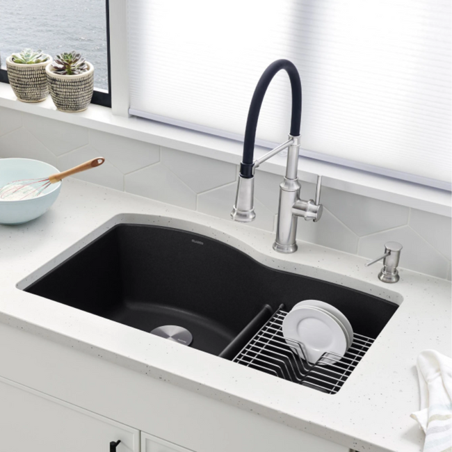 442910 - Diamond SILGRANIT 32" 60/40 Double Bowl Undermount Kitchen Sink with Low Divide - Coal Black