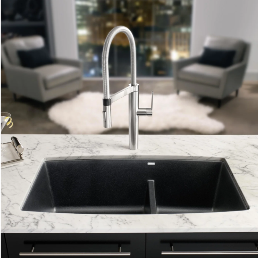 443125 - Performa SILGRANIT 33" 60/40 Double Bowl Undermount Kitchen Sink with Low Divide - Volcano Gray