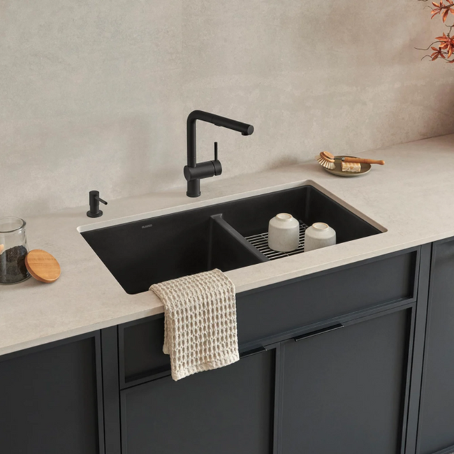 443118 - Precis SILGRANIT 33" 60/40 Double Bowl Undermount Kitchen Sink - Volcano Gray